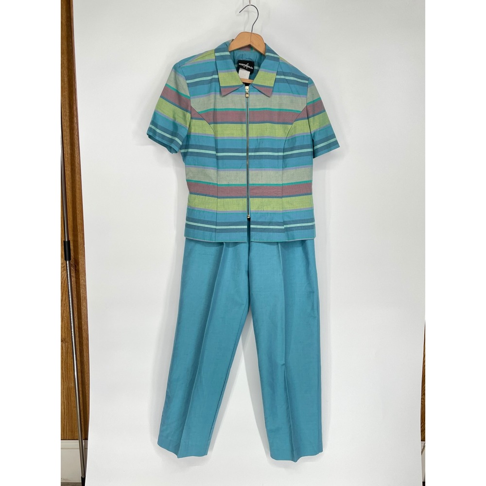 Groovy Mod Positive Attitude Women Pant Set 12 2pc Blue Striped Zip Jacket Pants